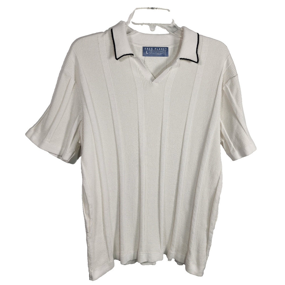 Free Planet Mens Polo Shirt Sweater L White Stripe Short Sleeve V Neck Cotton